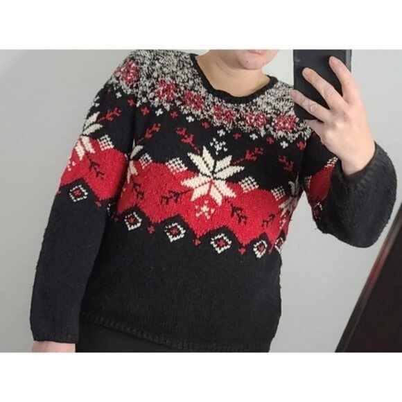 Vintage 90s Cozy Red Black Knit Snowflake Sweater - Picture 3 of 10